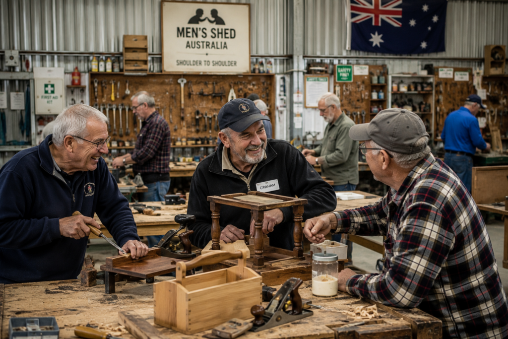 James Nuzzo on Men’s Health and Why Men’s Spaces Disappear 12 Men working and socializing inside an Australian men's shed