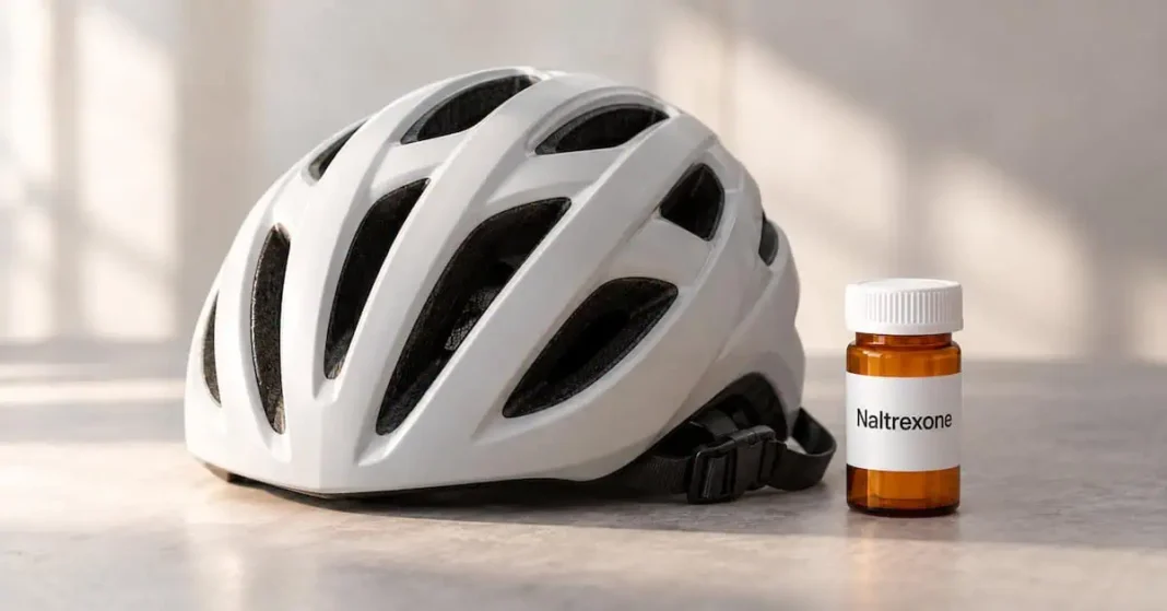 Naltrexone as โbicycle helmetโ: Stabilizing addiction-recovery Naltrexone-bottle-beside-white-bicycle-helmet