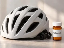 Naltrexone-bottle-beside-white-bicycle-helmet
